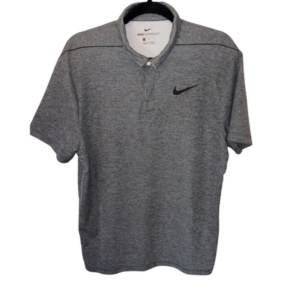 Nike AeroReact Golf Polo Mens Large Grey Black Striped Blade Collar‎ Shirt